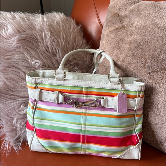 Coach Hampton Multicolor Canvas White Leather Trim Stripes Satchel Tote Bag - Picture 1 of 8